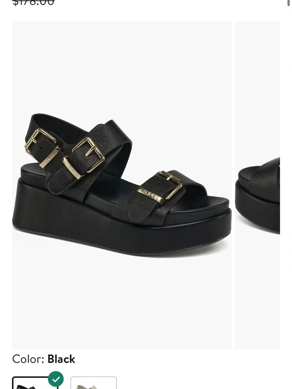 J Slides Black Platform Dual-Buckle Sandal with Gold Hardware